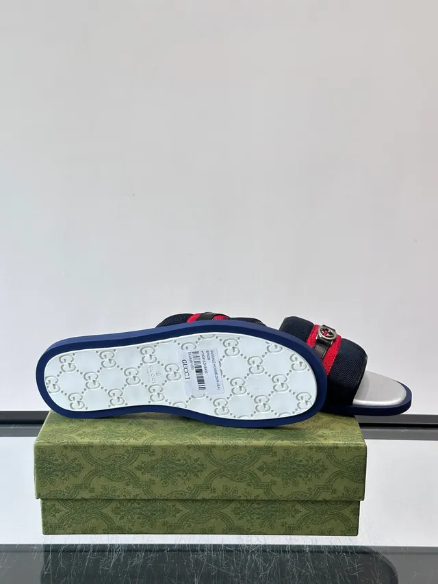Gucci Slide Green Red Silhouette Web Stripe Strap Slippers 4