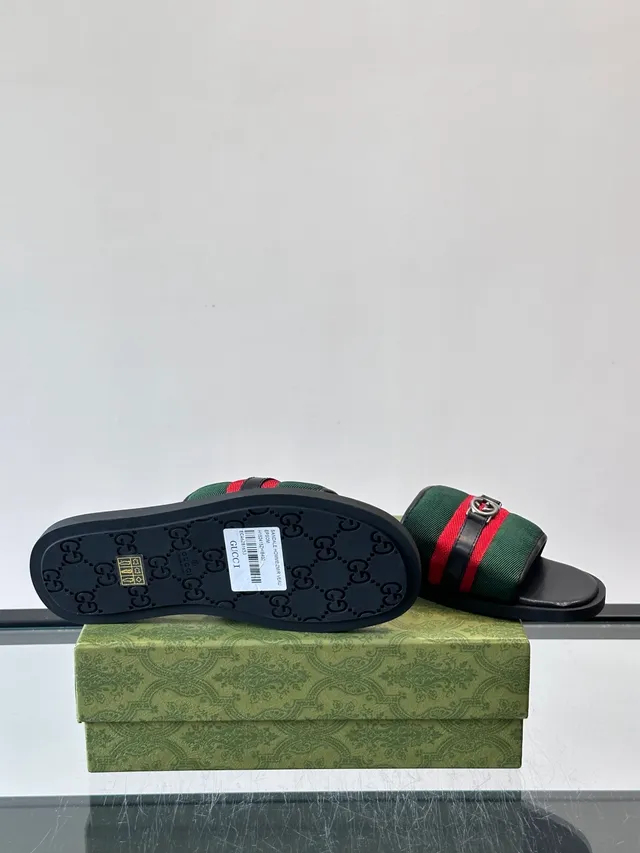 Gucci Slide Green Red Silhouette Web Stripe Strap Slippers 5