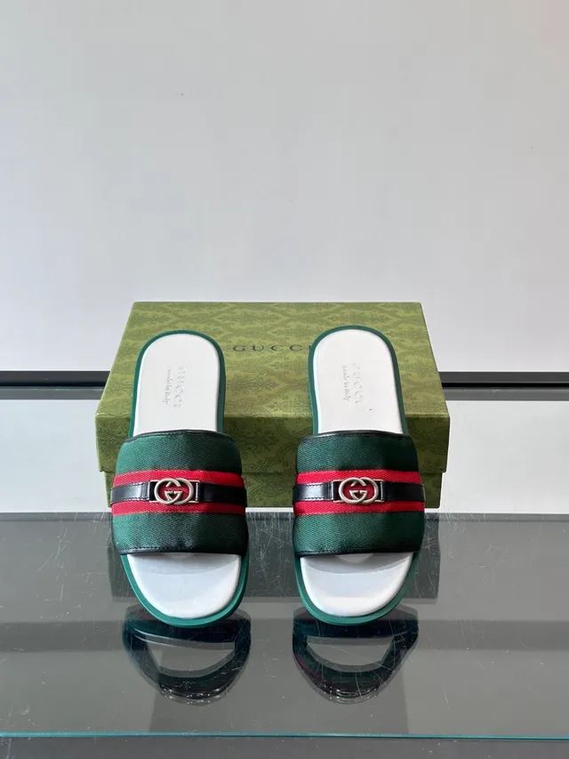 Gucci Slide Green Red Silhouette Web Stripe Strap Slippers 6