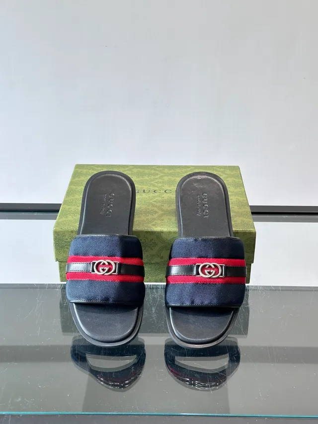 Gucci Slide Green Red Silhouette Web Stripe Strap Slippers 7