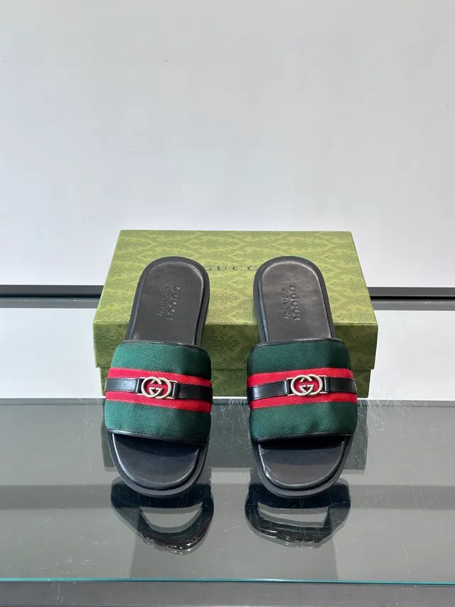 Gucci Slide Green Red Silhouette Web Stripe Strap Slippers 9