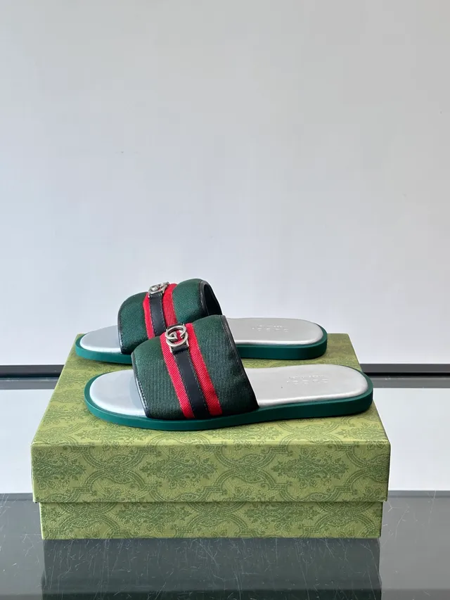 Gucci Slide Green Red Silhouette Web Stripe Strap Slippers 10
