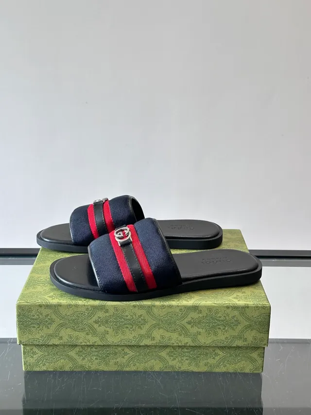 Gucci Slide Green Red Silhouette Web Stripe Strap Slippers 11