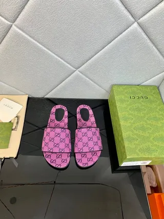 Gucci Slide Pink Monogram Fabric Slippers 4