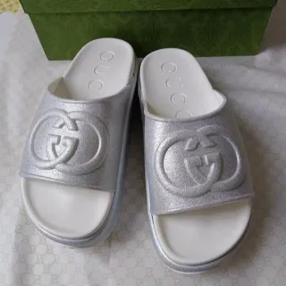 Gucci Slide Silver Glitter Strap Slippers