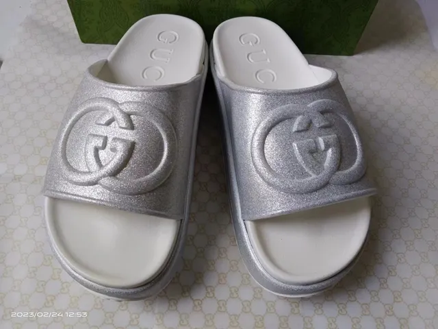 Gucci Slide Silver Glitter Strap Slippers 2
