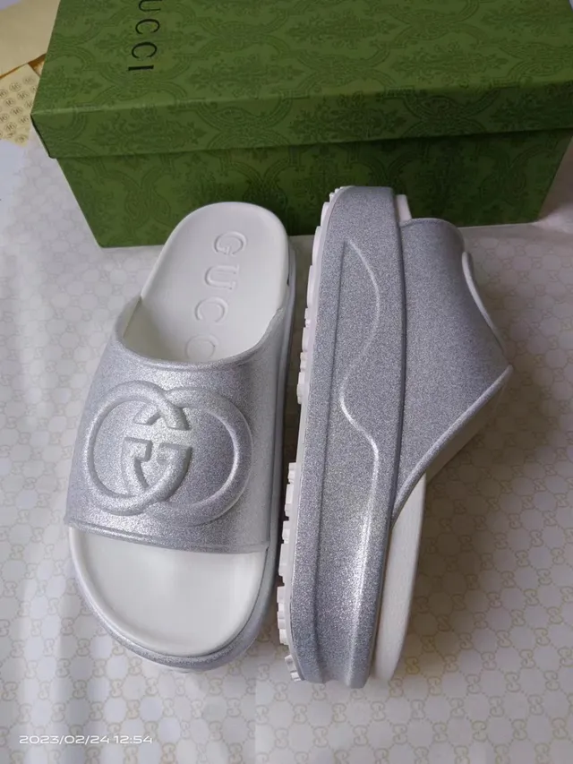 Gucci Slide Silver Glitter Strap Slippers 4