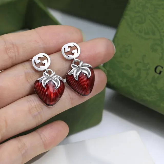 Gucci Strawberry Enamel Double G Stud Earrings 3