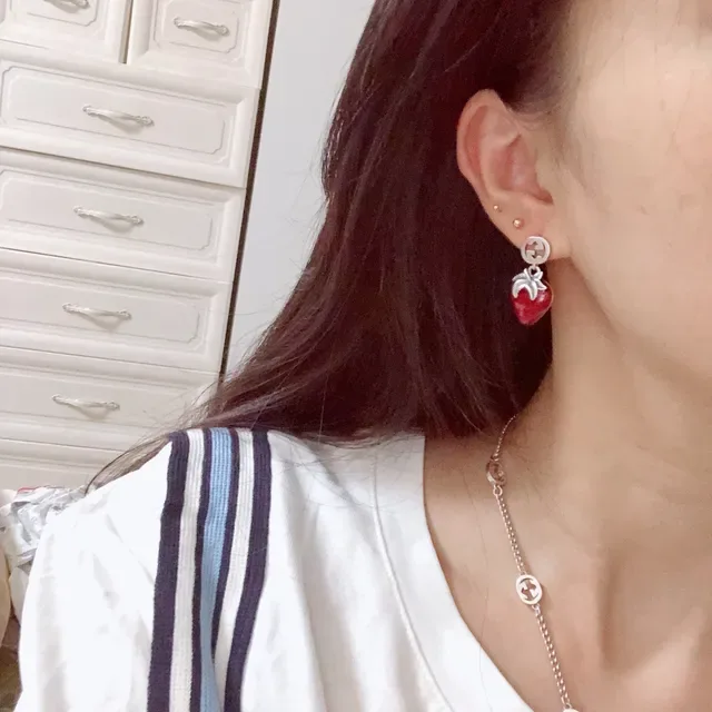 Gucci Strawberry Enamel Double G Stud Earrings 4