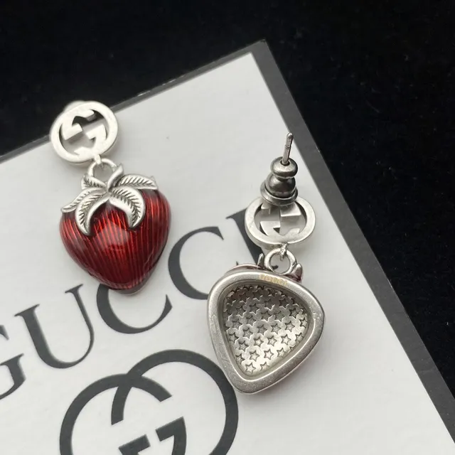 Gucci Strawberry Red Silver Enamel Pendants Interlocking GG-Link Chain Necklace 3