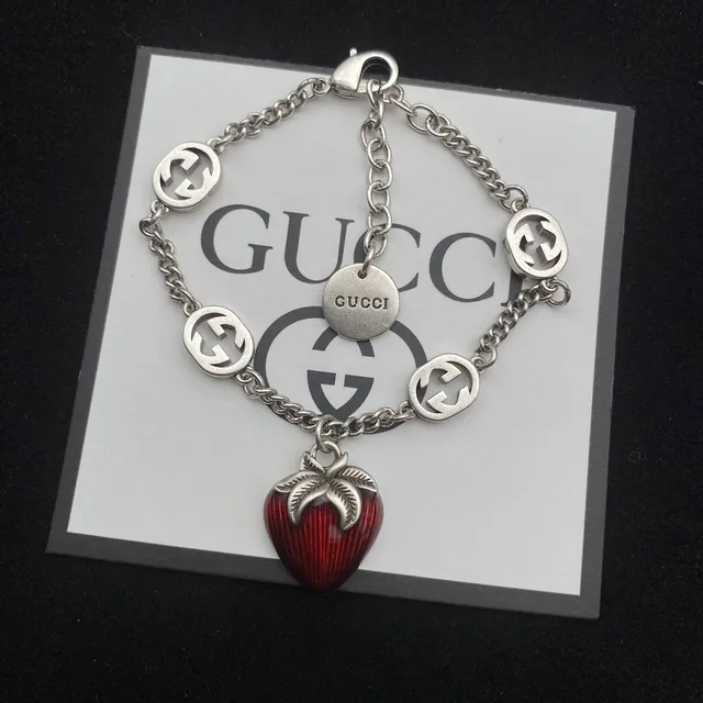 Gucci Strawberry Red Silver Enamel Pendants Interlocking GG-Link Chain Necklace 7