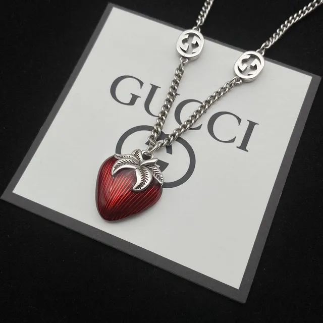Gucci Strawberry Red Silver Enamel Pendants Interlocking GG-Link Chain Necklace 8