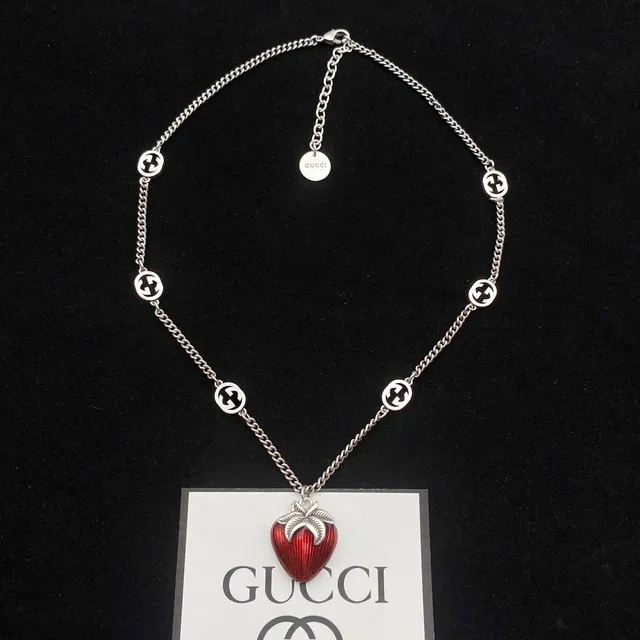 Gucci Strawberry Red Silver Enamel Pendants Interlocking GG-Link Chain Necklace 9