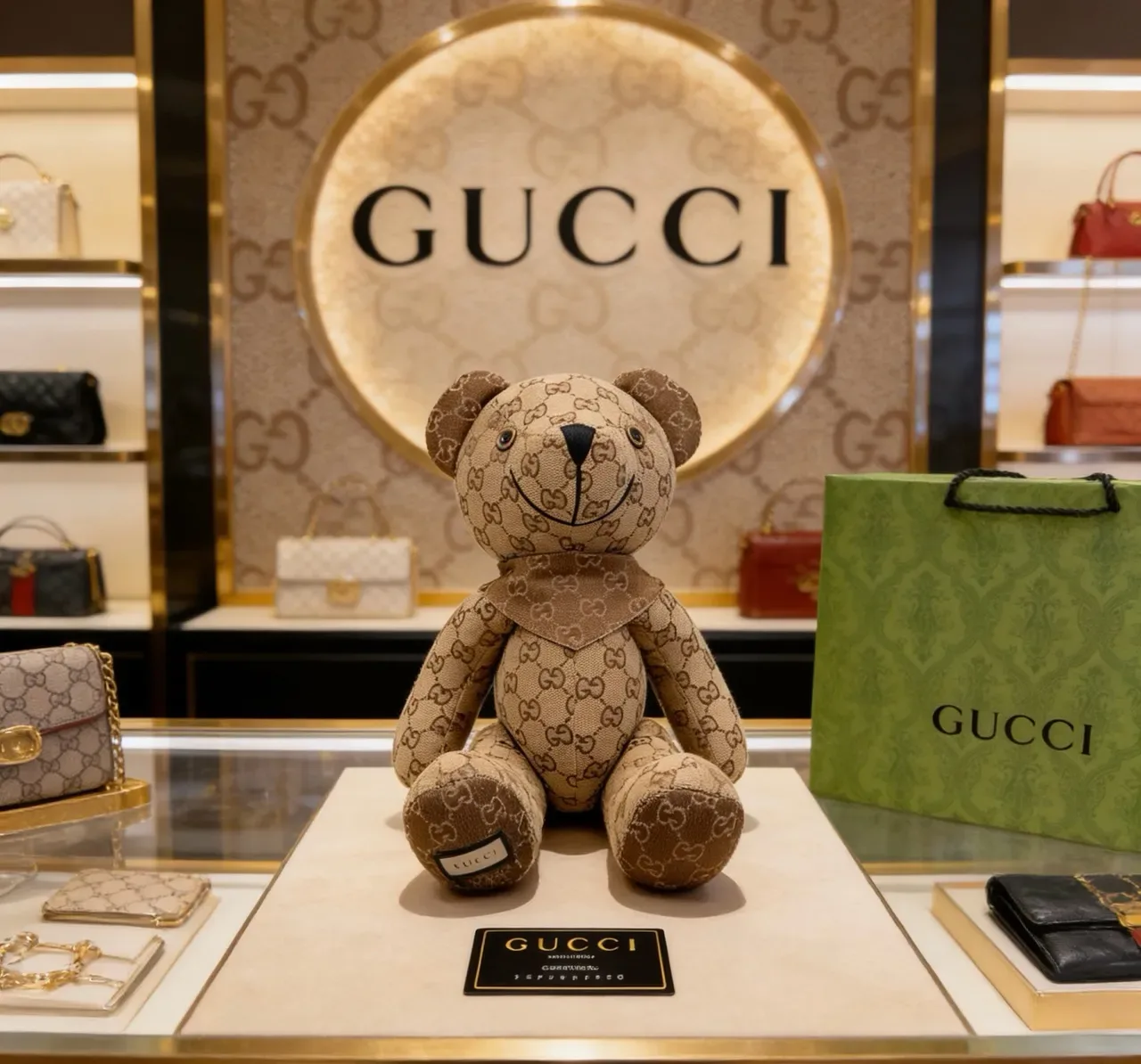 Gucci Teddy Bear Beige Brown GG Monogram Canvas Plush Silhouette Handbag 5