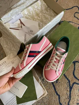 Gucci Tennis 1977 Pink Canvas Web Stripe Lifestyle Sneakers 7