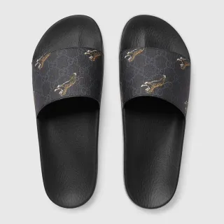 Gucci Tiger Slide Black GG Supreme Strap Slippers