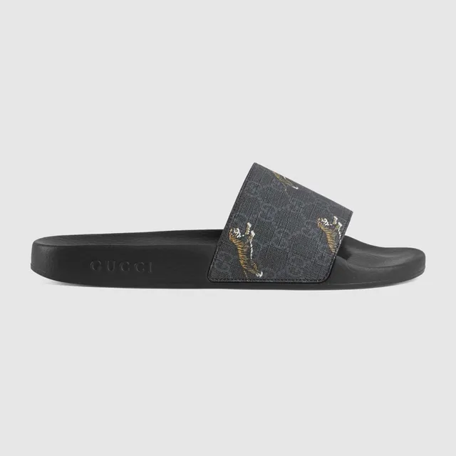 Gucci Tiger Slide Black GG Supreme Strap Slippers 2