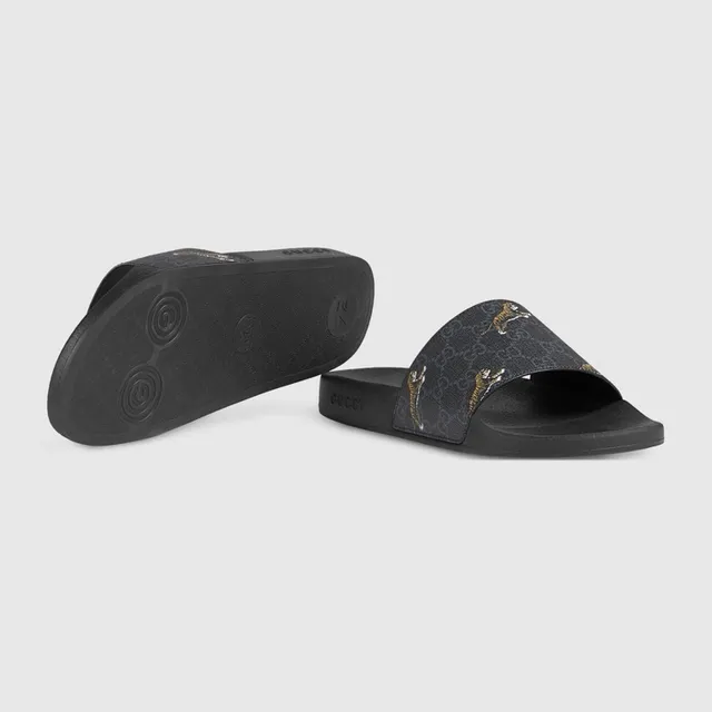 Gucci Tiger Slide Black GG Supreme Strap Slippers 5