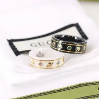 Gucci White Black Ceramic Band Gold-Trimmed Ring