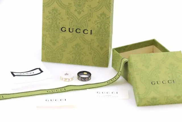 Gucci White Black Ceramic Band Gold-Trimmed Ring 5