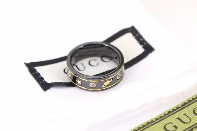 Gucci White Black Ceramic Band Gold-Trimmed Ring 6