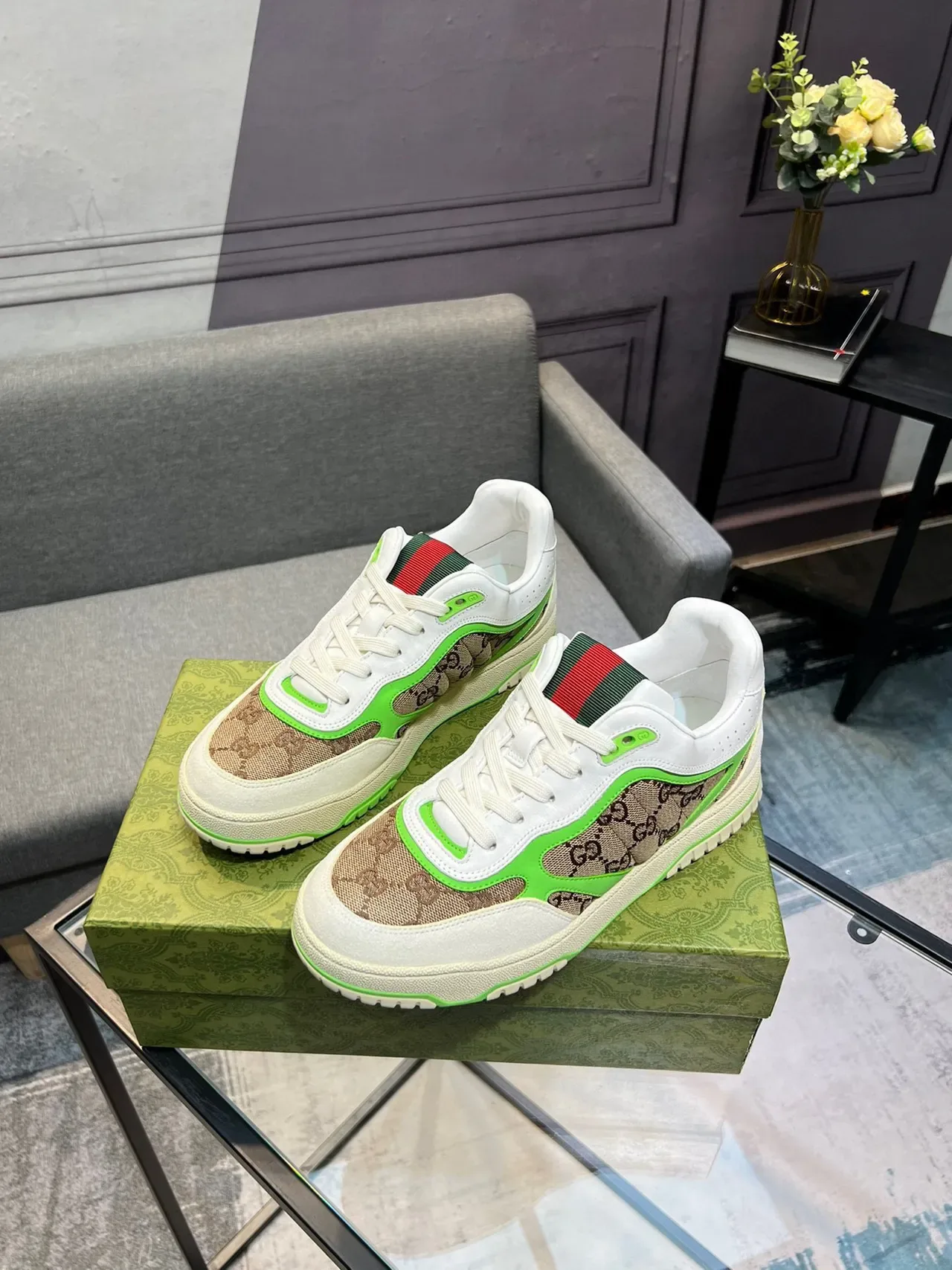Gucci White Green GG Monogram Canvas Neon Piping Lifestyle Sneakers 4