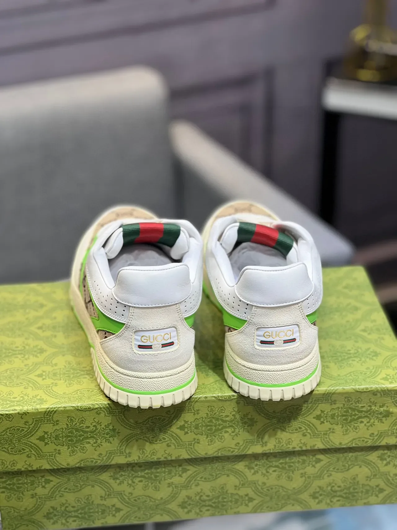 Gucci White Green GG Monogram Canvas Neon Piping Lifestyle Sneakers 5
