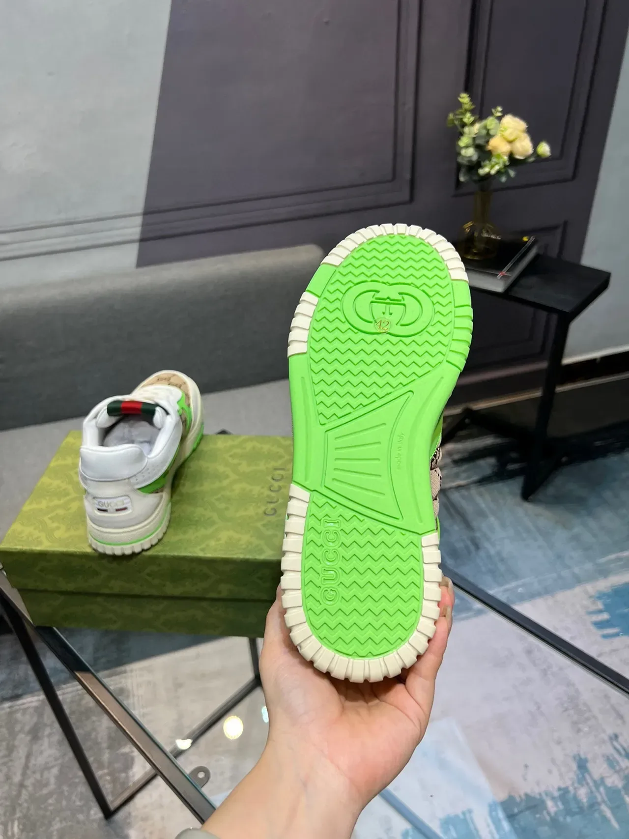 Gucci White Green GG Monogram Canvas Neon Piping Lifestyle Sneakers 6