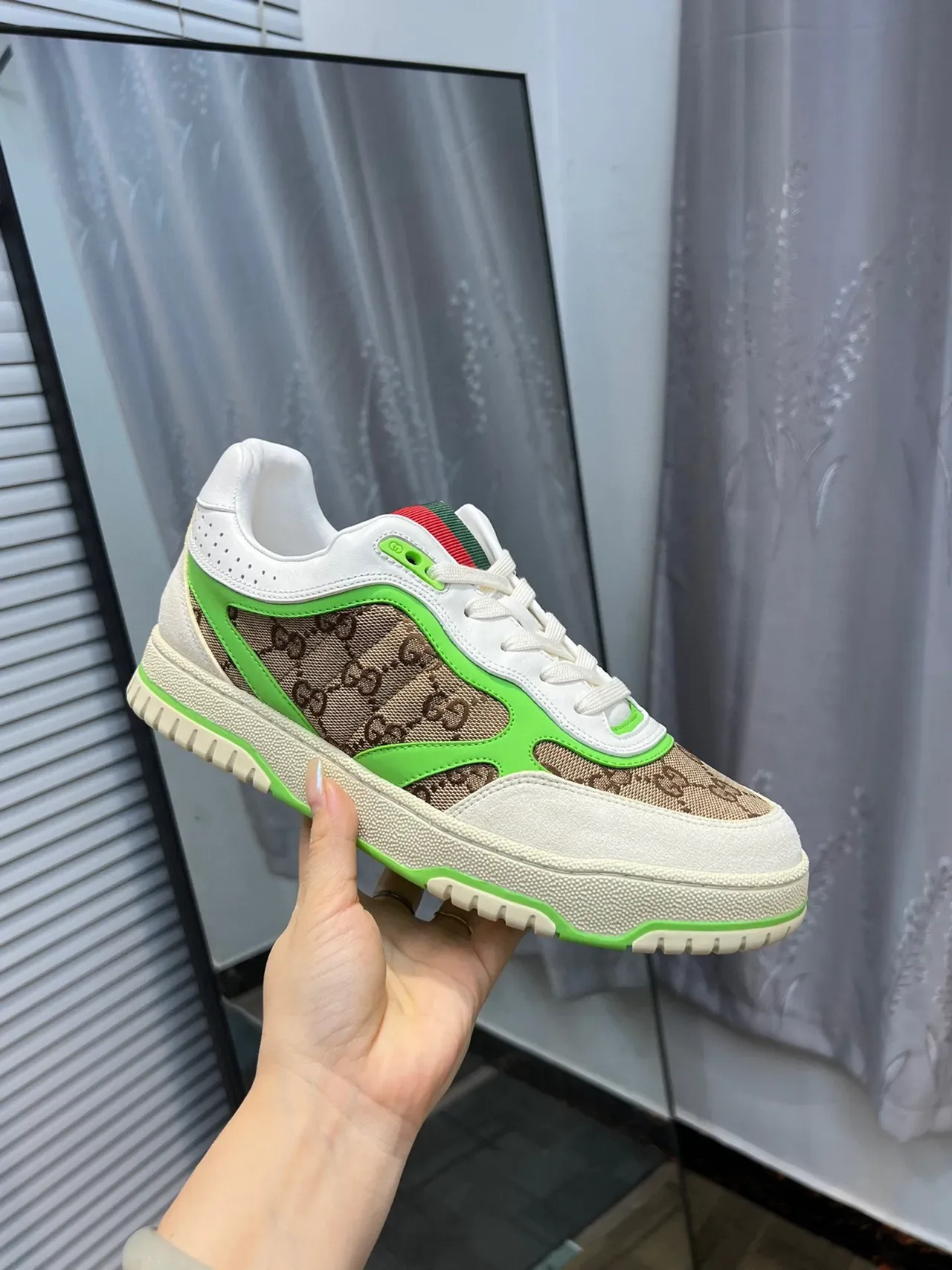 Gucci White Green GG Monogram Canvas Neon Piping Lifestyle Sneakers 7