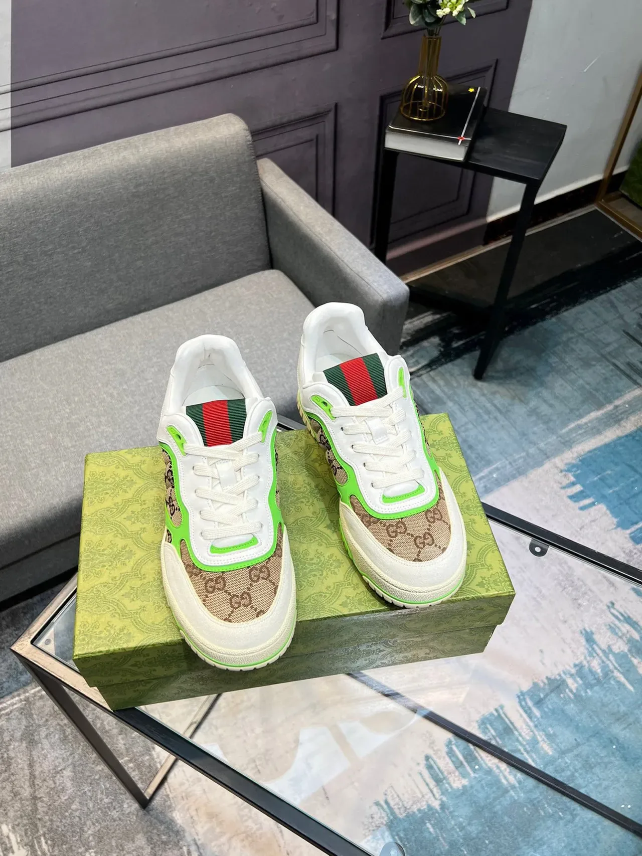 Gucci White Green GG Monogram Canvas Neon Piping Lifestyle Sneakers 8