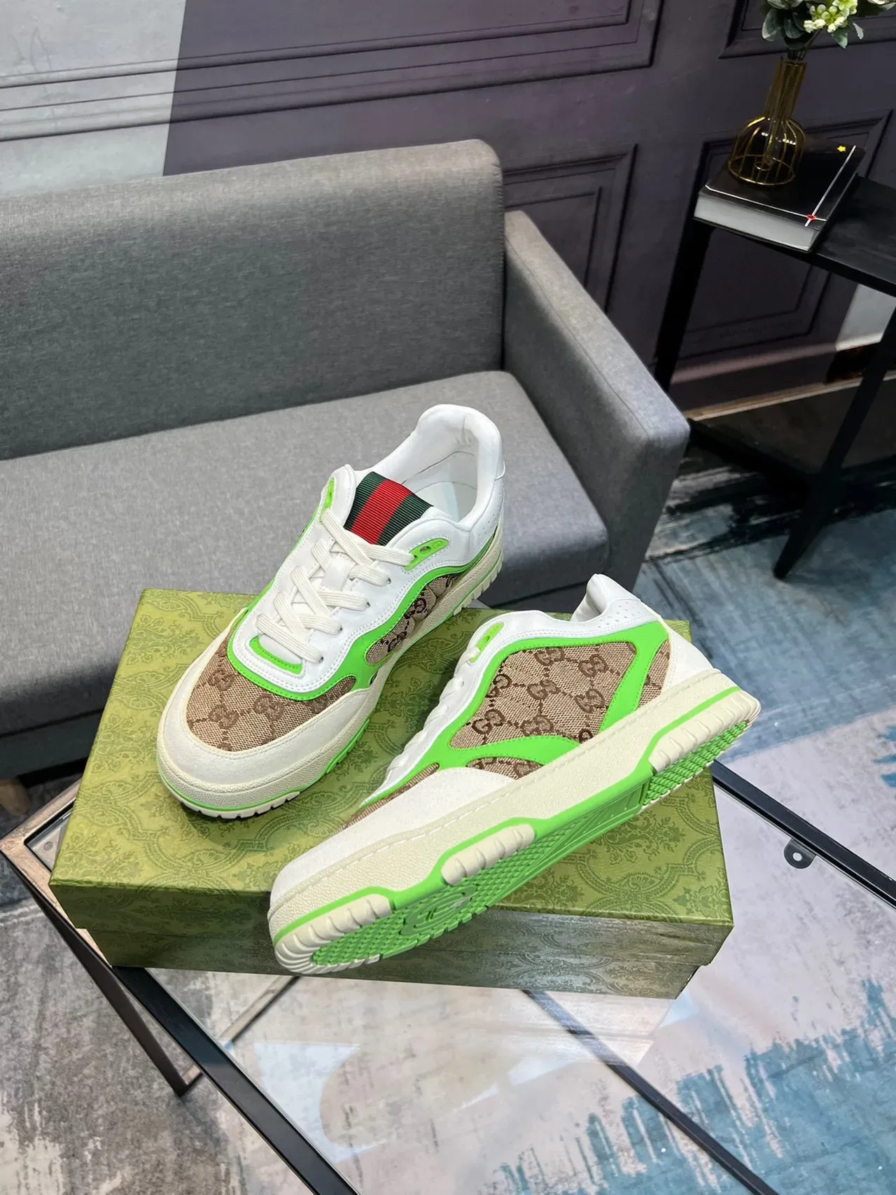Gucci White Green GG Monogram Canvas Neon Piping Lifestyle Sneakers 9