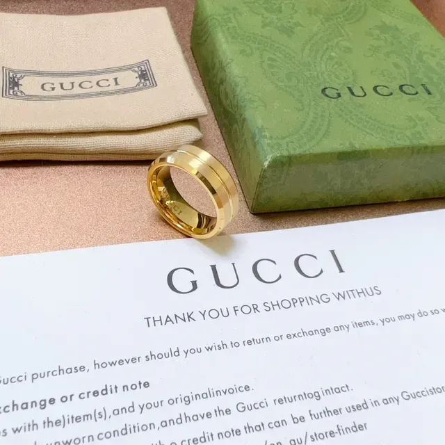 Gucci Wide Band Ring Polished Gold-Tone Dual-Groove Minimalist Ring 7