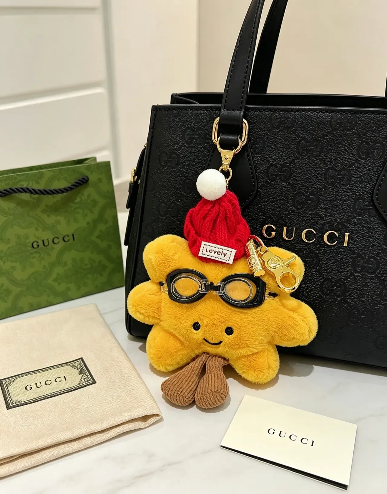Gucci Yellow Red Plush Star-Shaped Goggle Accessory Handbag 4