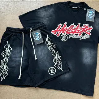 Hellstar Records Flame Graphic এসিড ওয়াশ কালো ট্র্যাকস্যুট