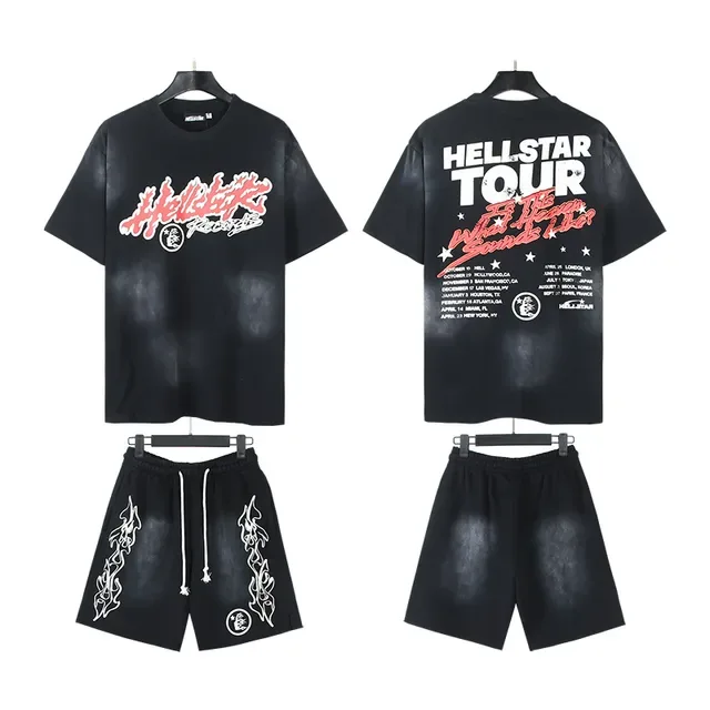 Hellstar Records Flame Graphic Acid Wash تراكसوت أسود 2