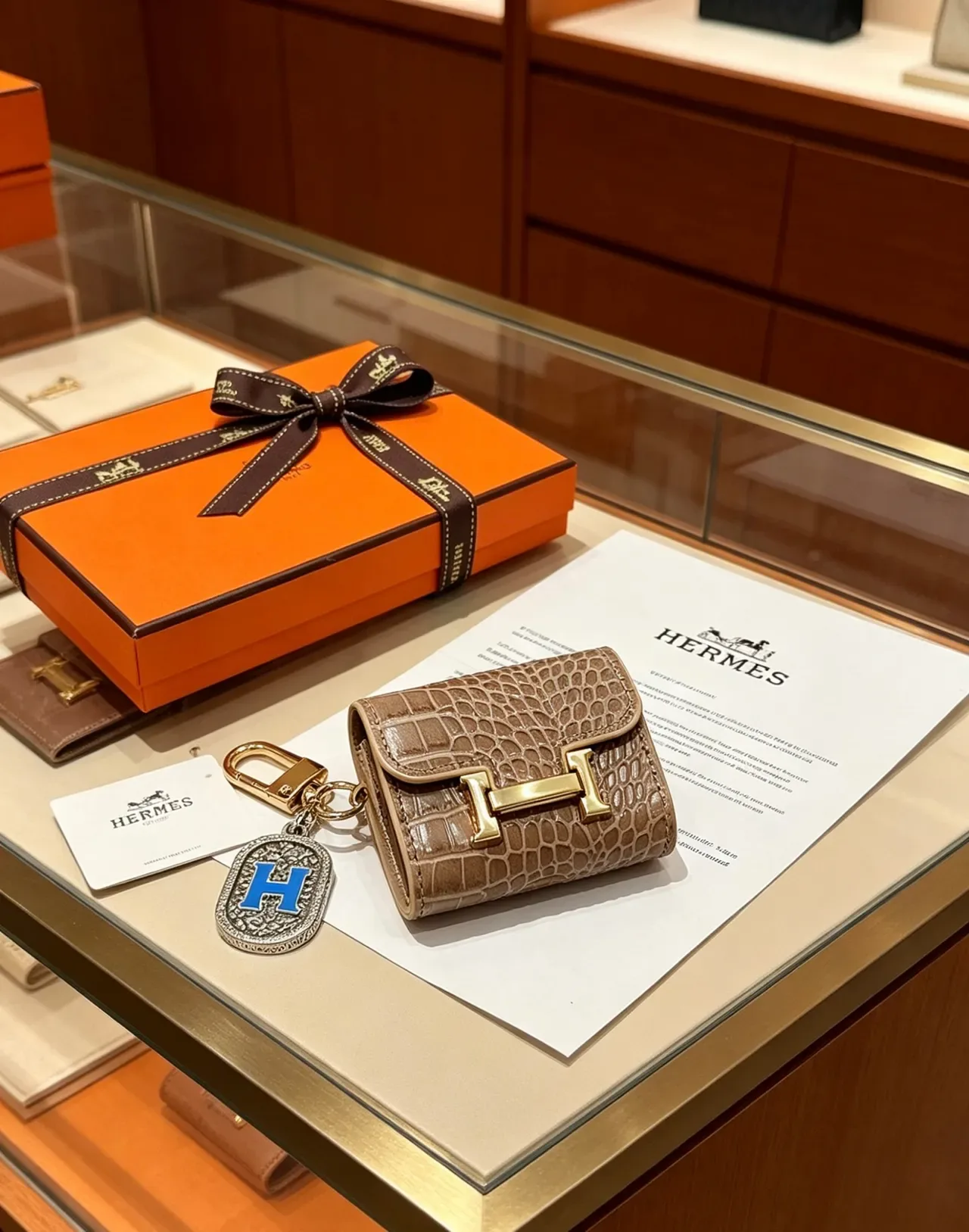 Hermès Beige Cuir estampé crocodile H-Turnlock doré Porte-monnaie 3
