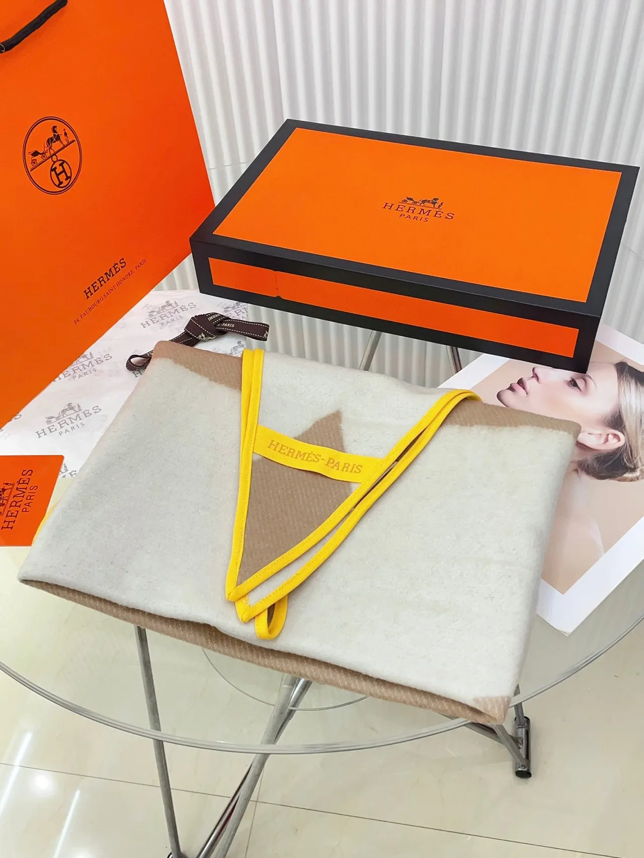 Hermès Beige Yellow Woven Grosgrain Border Geometric Pattern 围巾 7