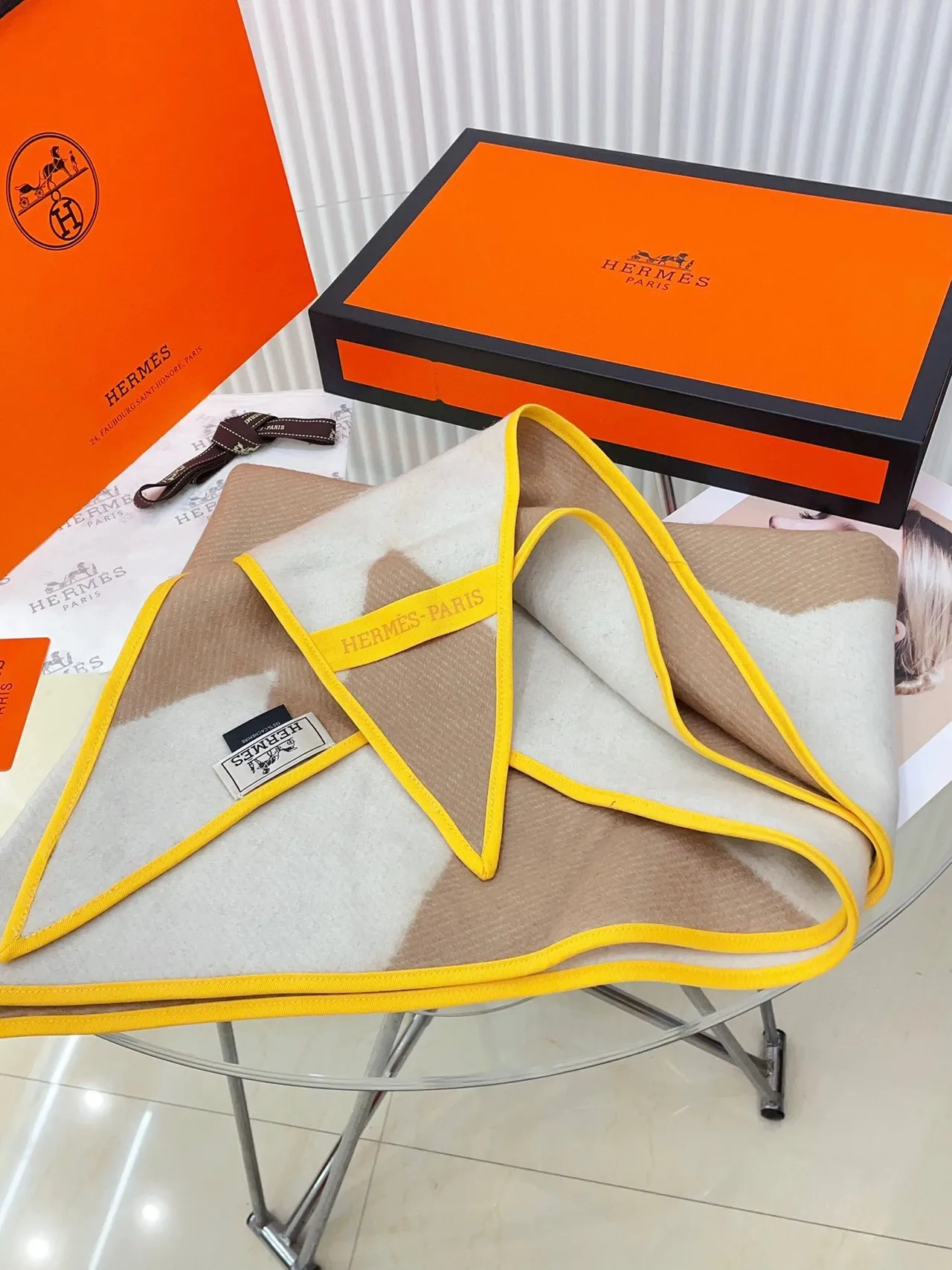 Hermès Beige Yellow Woven Grosgrain Border Geometric Pattern 围巾 8