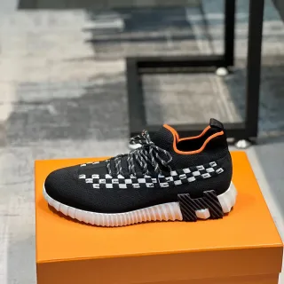 Hermès Preto Laranja Tricô Ajuste Meia Superior Cinta Trançada Xadrez Estilo de Vida Tênis