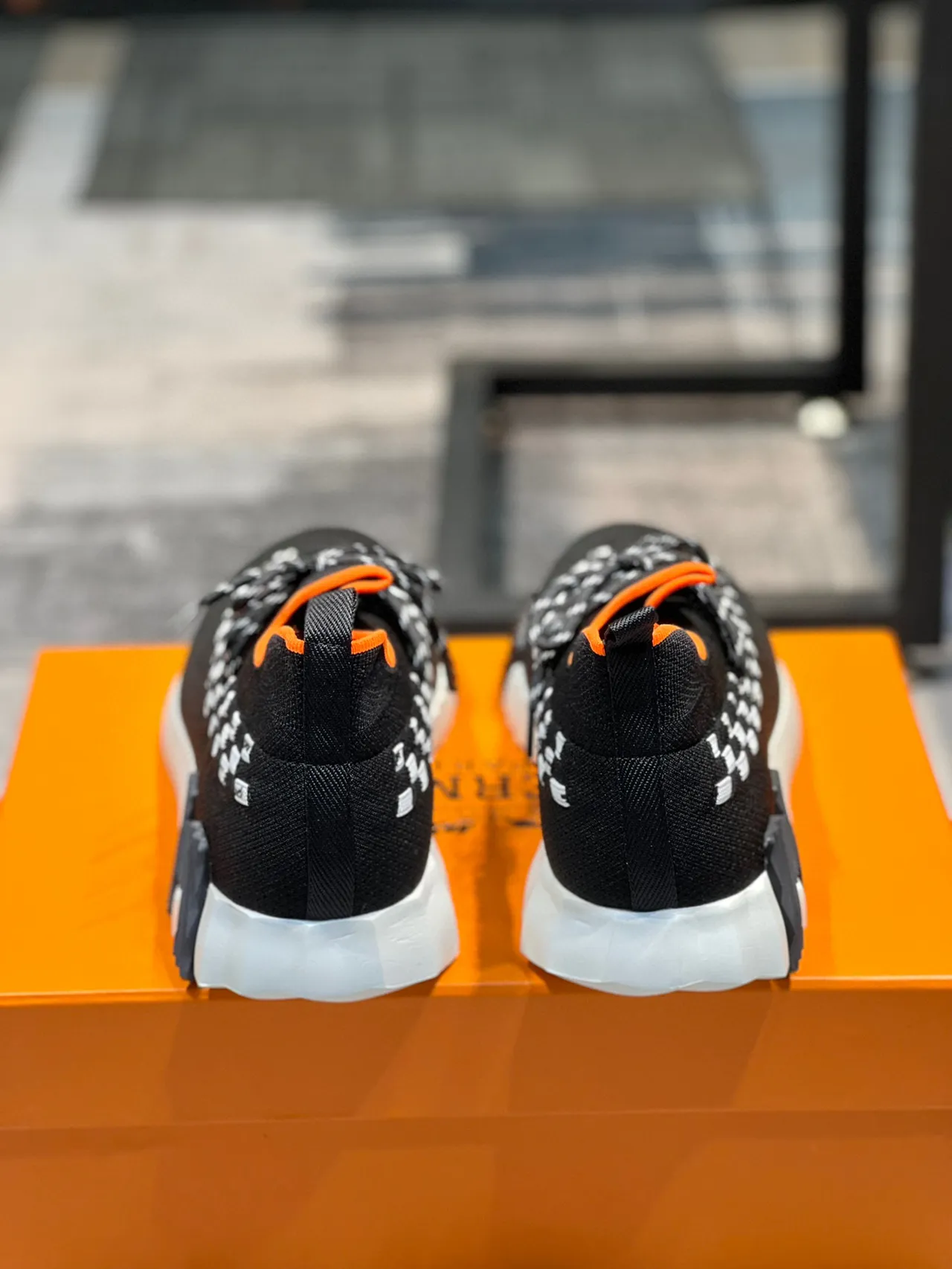 Hermès Black Orange Knit Sock-Fit Upper Woven Checkerboard Strap Lifestyle Sneakers 2