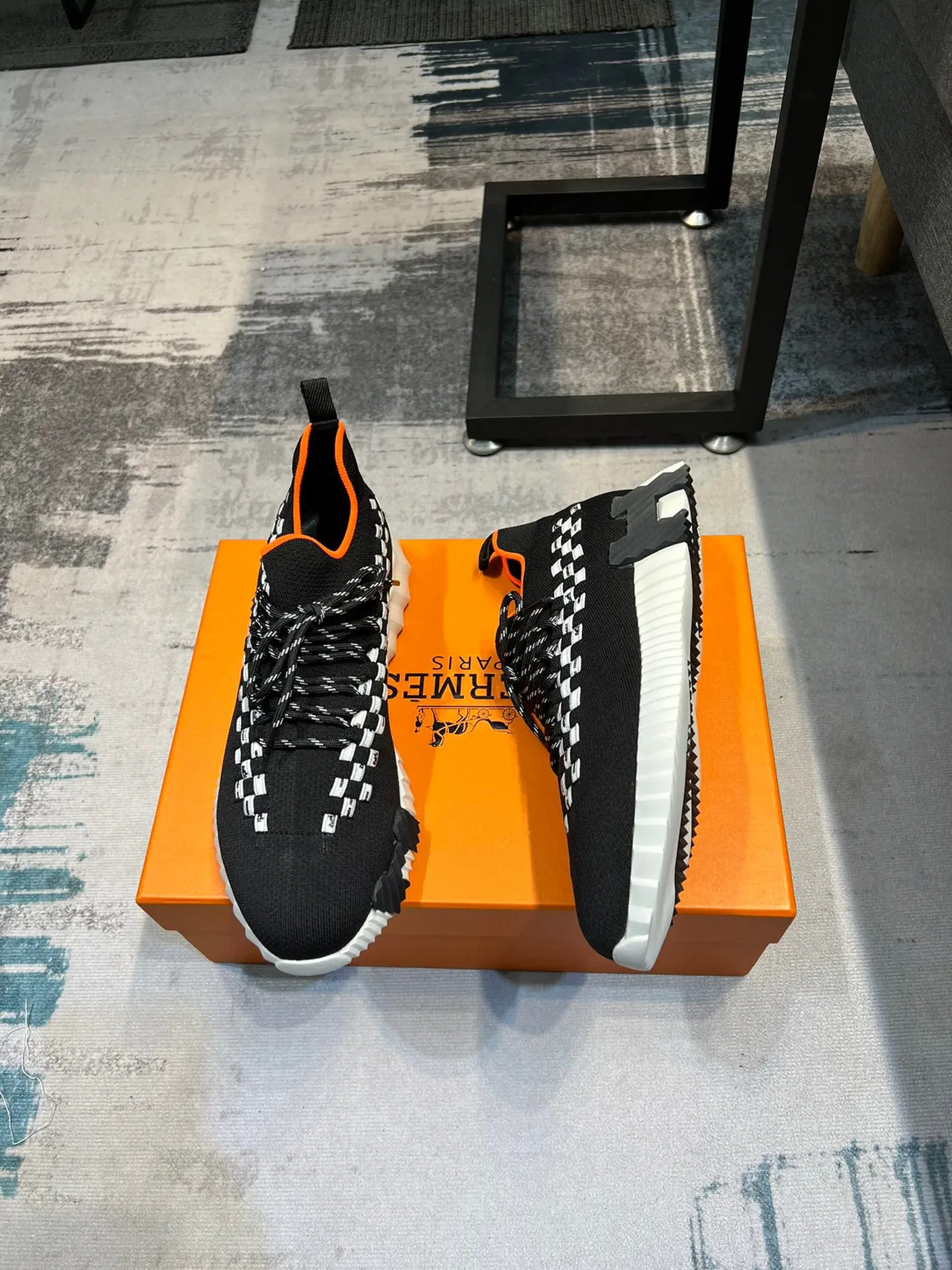 Hermès Black Orange Knit Sock-Fit Upper Woven Checkerboard Strap Lifestyle Sneakers 4