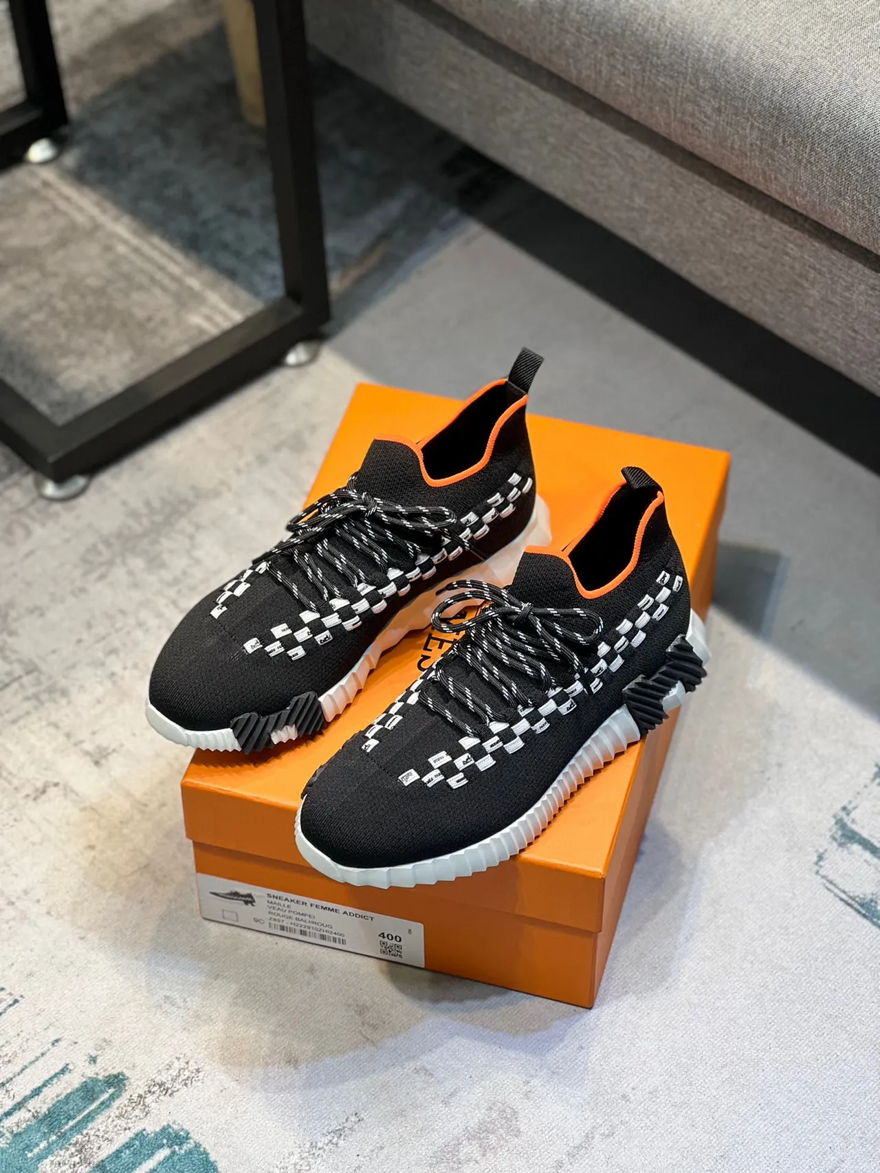 Hermès Black Orange Knit Sock-Fit Upper Woven Checkerboard Strap Lifestyle Sneakers 5