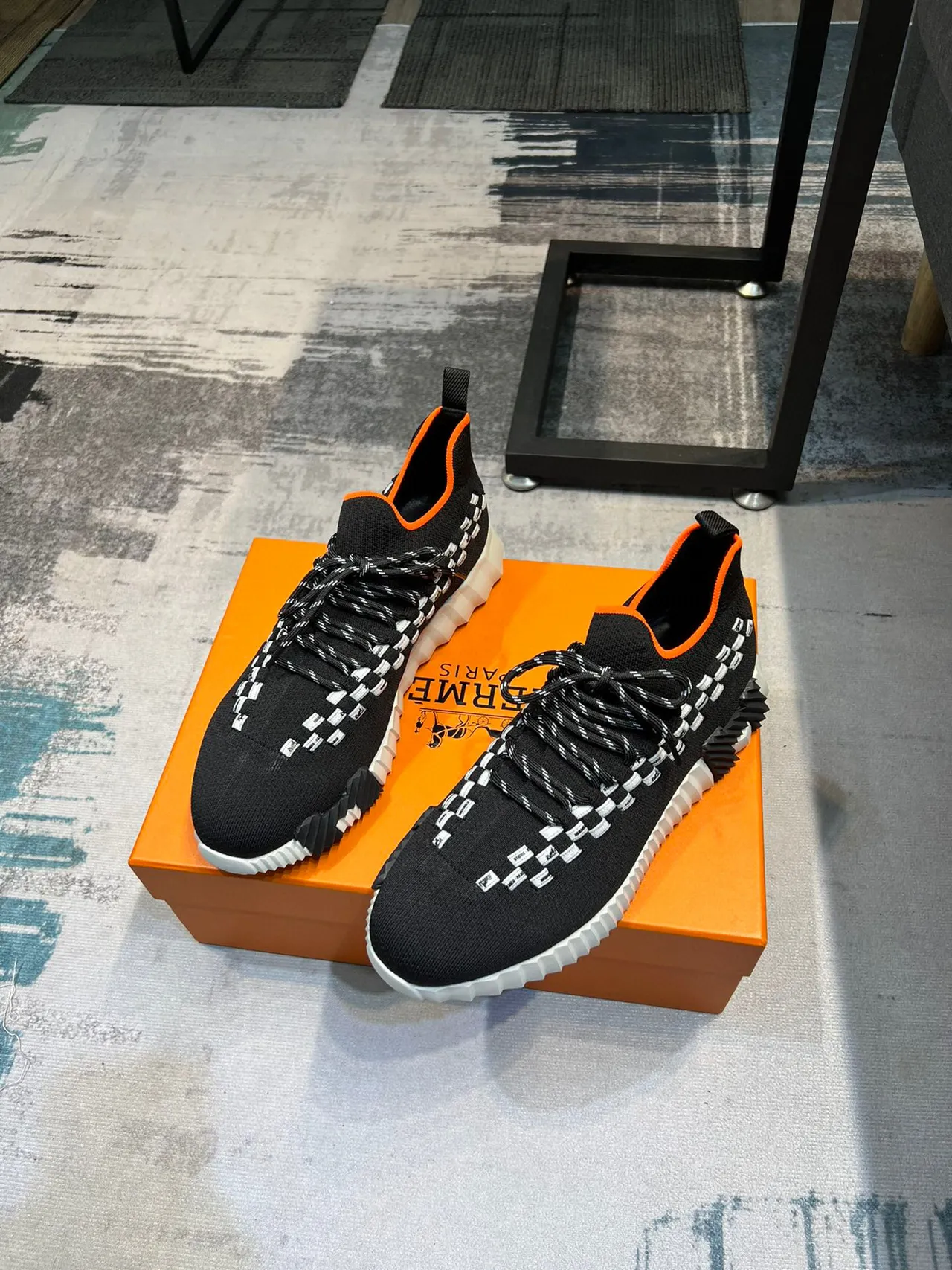 Hermès Black Orange Knit Sock-Fit Upper Woven Checkerboard Strap Lifestyle Sneakers 6