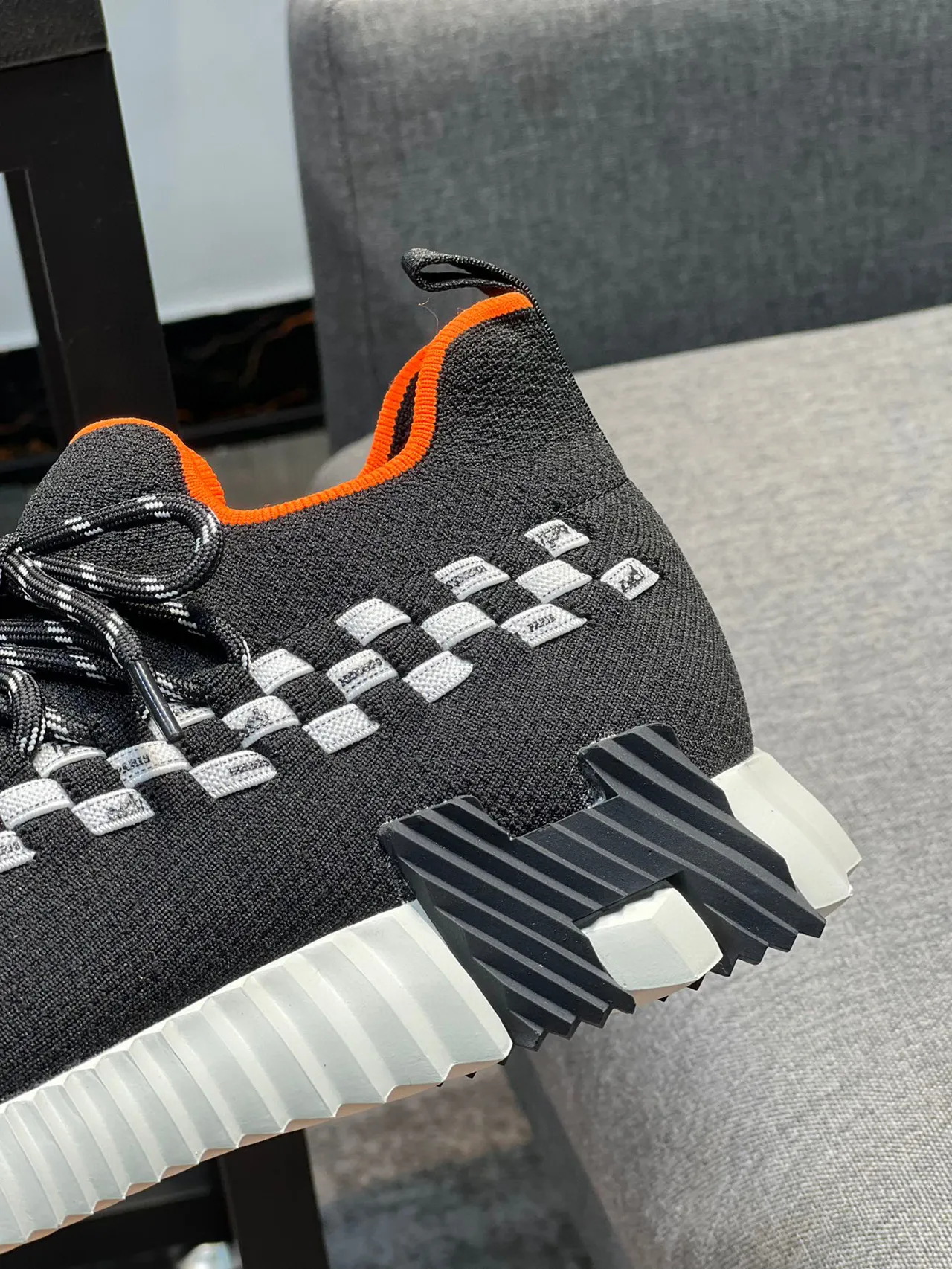 Hermès Black Orange Knit Sock-Fit Upper Woven Checkerboard Strap Lifestyle Sneakers 8