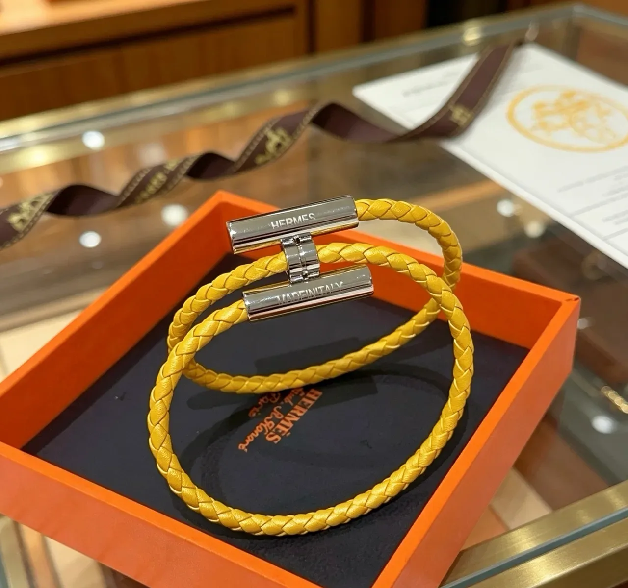 Hermès pulseira de couro amarelo trançada dupla volta 2