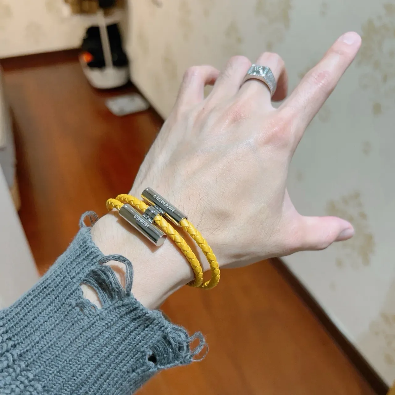 Hermès pulseira de couro amarelo trançada dupla volta 3