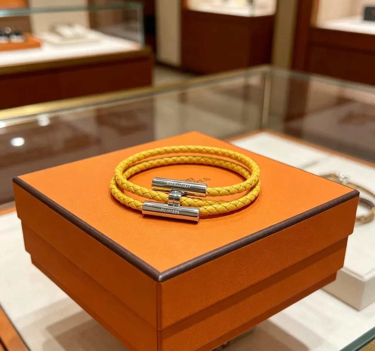 Hermès pulseira de couro amarelo trançada dupla volta 4
