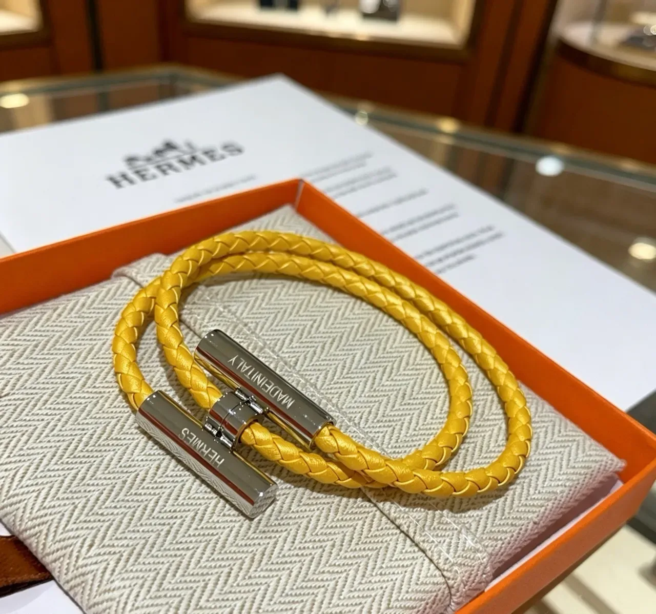 Hermès pulseira de couro amarelo trançada dupla volta 5