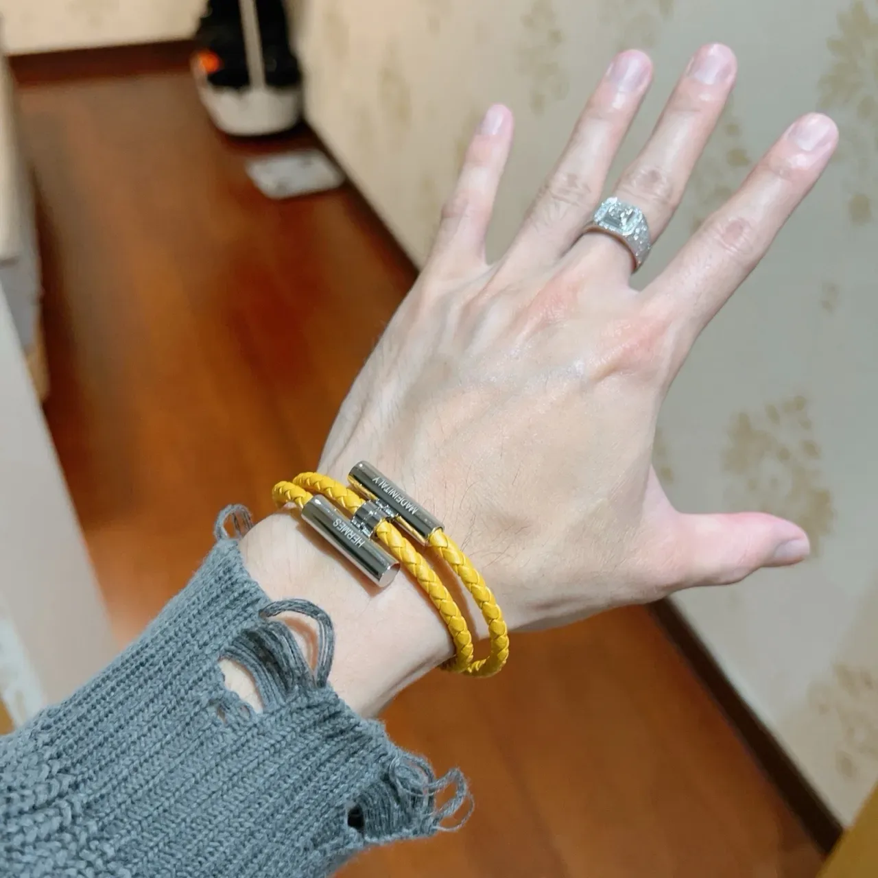 Hermès pulseira de couro amarelo trançada dupla volta 6