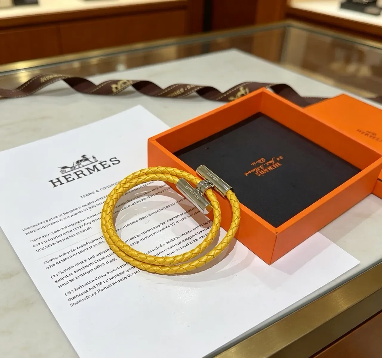 Hermès pulseira de couro amarelo trançada dupla volta 7